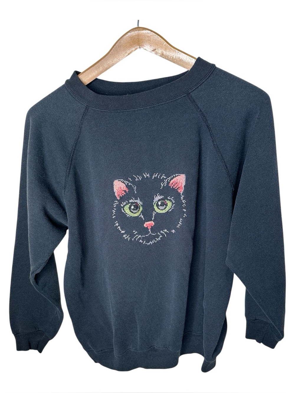 Vintage Cross Stitched Cat Sweatshirt Size XL Black Crafty Kitschy Grandmacore